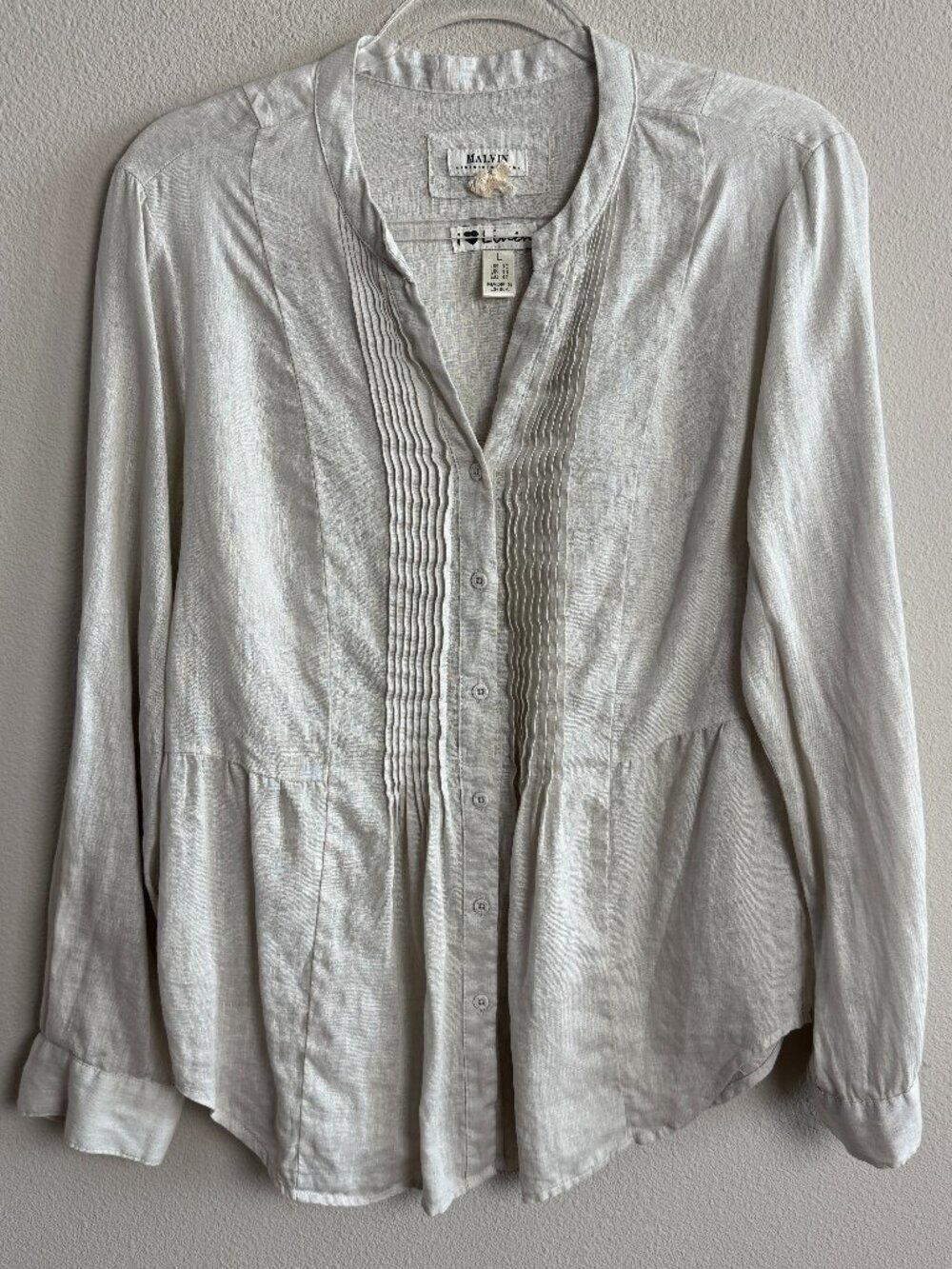 Malvin I Love Linen Hamburg Germany Pintuck Button Front Blouse Size Large